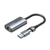 Переходник Vention USB-C + USB A to RJ45 Ethernet 1000Mbps 0.15m alum Фото