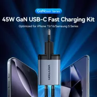 Зарядний пристрій Vention 2xUSB-C PD45W GaN + cable USB-C to USB-C 1.0m blac Фото