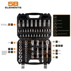 Набор инструментов Neo Tools 58шт, 1/2", CrV, кейс Фото 1