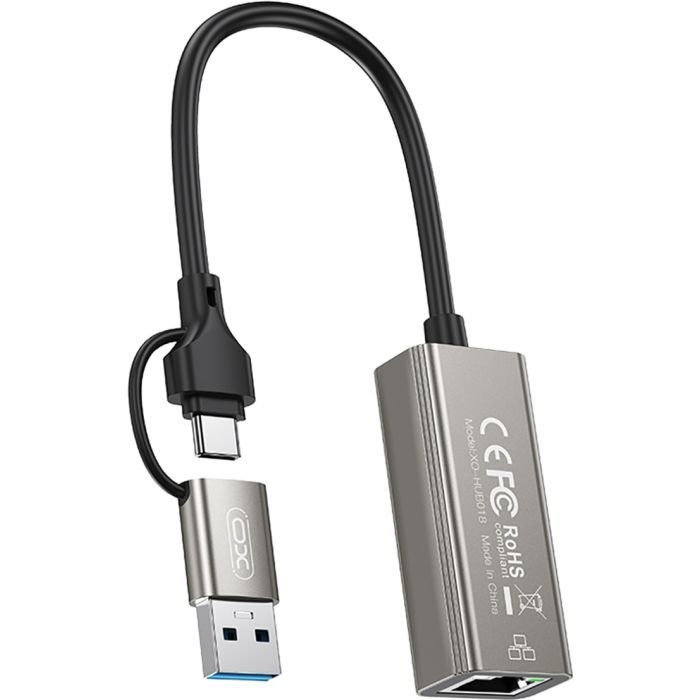 Адаптер XO USB-C + USB A to RJ45 Ethernet 100Mbps Фото